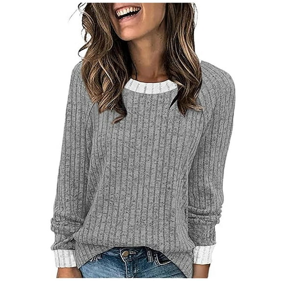 SnZhen Long Sleeve Tops for Women Women's Round Neck Color Blocked Raglan T-shirt Loose Striped Top Gray L