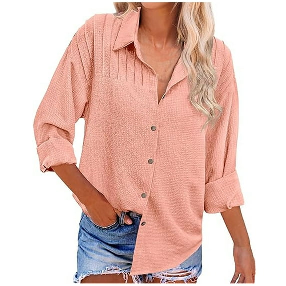 SnZhen Long Sleeve Tops for Women Women's Solid Color Long Sleeved Shirt Top Lapel Casual Button Up Shirt