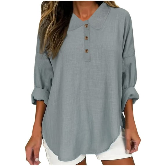 SnZhen Long Sleeve Tops for Women Womens Color Casual Loose Fashion T-Shirt Long Sleeves Button Tops Cotton And Linen Blouse