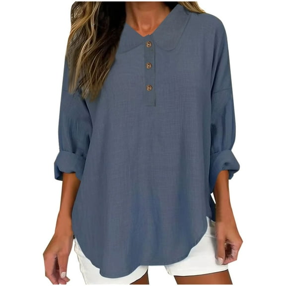 SnZhen Long Sleeve Tops for Women Womens Color Casual Loose Fashion T-Shirt Long Sleeves Button Tops Cotton And Linen Blouse