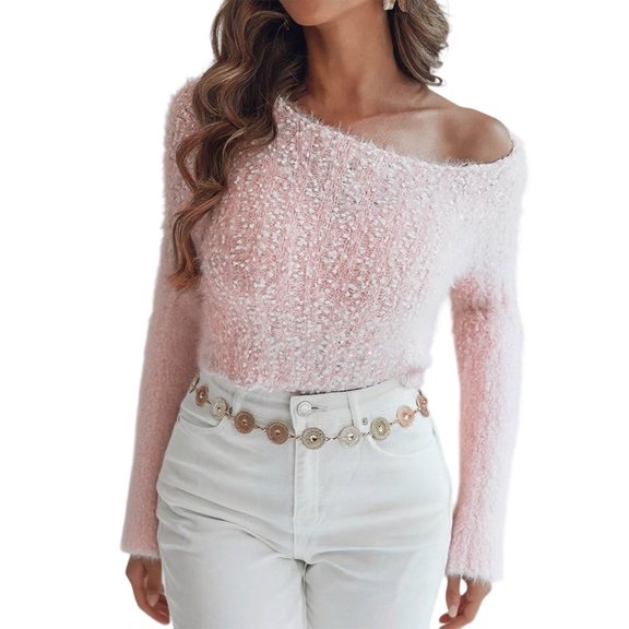 SnZhen Long Sweaters for Women Women's Long Sleeved Round Neck Knitted Loose Pullover Kinted Sweater Tops Pink Free Size