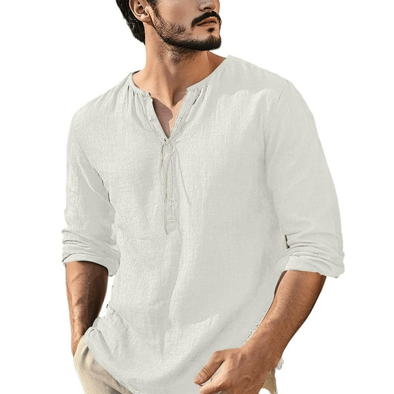 SnZhen Men's Casual Shirt Fashion Solid Color Long Sleeved V-neck Lightweight Comfy Blouses White M
