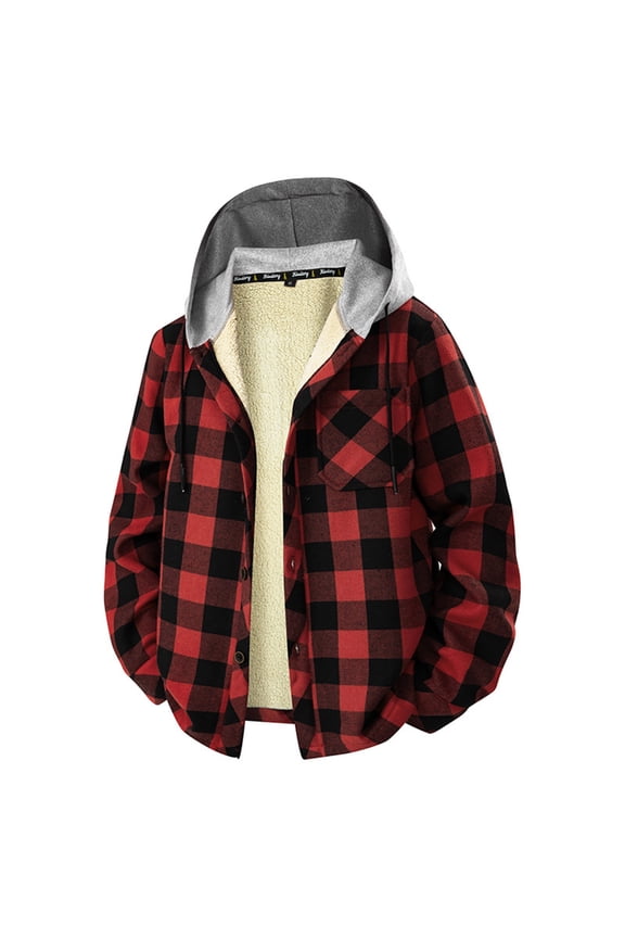 Men's Plaid Hoodies Fashion Long Sleeved Lapel Button Hooded Cardigan Lamb Fleece Warm Shirt Jackets Red XXL