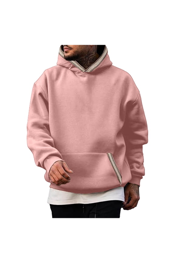 Men's Sweatshirts Hooded Fashion Man Color Match Pockets Long Sleeved Pullover Loose Sweatshirt Tops Pink XXL