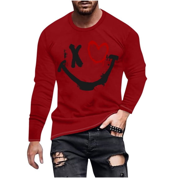 SnZhen Mens Shirts Fashionable Men's Printed Top With Long Sleeved Round Neck And Smiling Face Printed Top/shirt