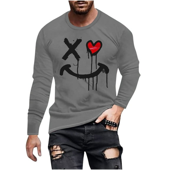 SnZhen Mens Shirts Fashionable Men's Printed Top With Long Sleeved Round Neck And Smiling Face Printed Top/shirt