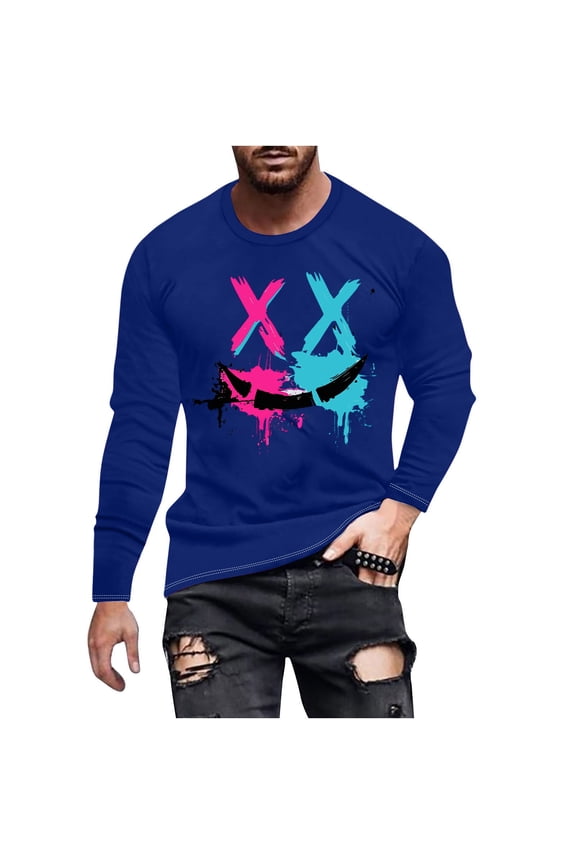 Mens Shirts Fashionable Men's Printed Top With Long Sleeved Round Neck And Smiling Face Printed Top/shirt