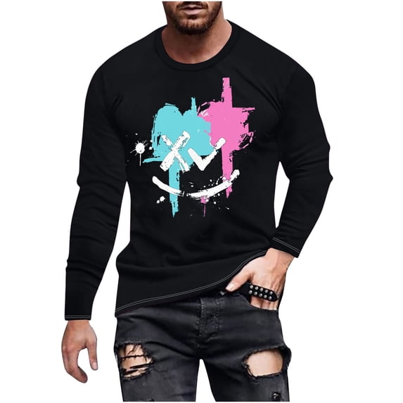 SnZhen Mens Shirts Fashionable Men's Printed Top With Long Sleeved Round Neck And Smiling Face Printed Top/shirt