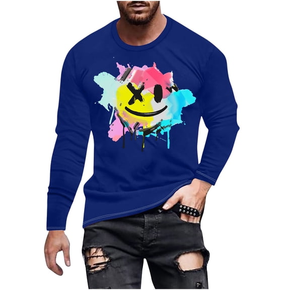 SnZhen Mens Shirts Fashionable Men's Printed Top With Long Sleeved Round Neck And Smiling Face Printed Top/shirt