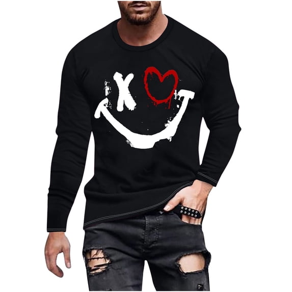SnZhen Mens Shirts Fashionable Men's Printed Top With Long Sleeved Round Neck And Smiling Face Printed Top/shirt