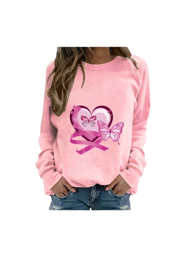 Pink Ribbon Women Fashion Casual Print Round Neck Loose Long Sleeve T-shirt Tops Blouse