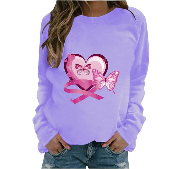 SnZhen Pink Ribbon Women Fashion Casual Print Round Neck Loose Long Sleeve T-shirt Tops Blouse