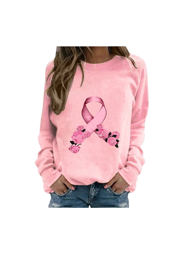 Pink Ribbon Women Fashion Casual Print Round Neck Loose Long Sleeve T-shirt Tops Blouse