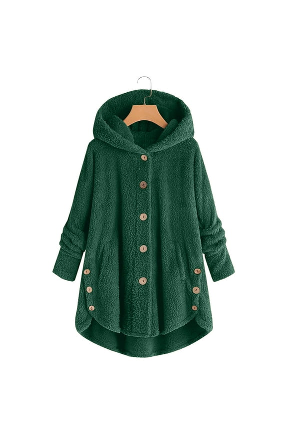Plus Size Loose Plush Coat for Women Cute Solid Color Button Hooded Casual Wool Winter Jacket XXXL