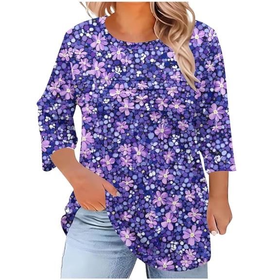SnZhen Plus Size Women's Casual Tops Fall Fashion Crewneck Pleated Loose Comfy Pullover 3/4 Sleeve Bloues
