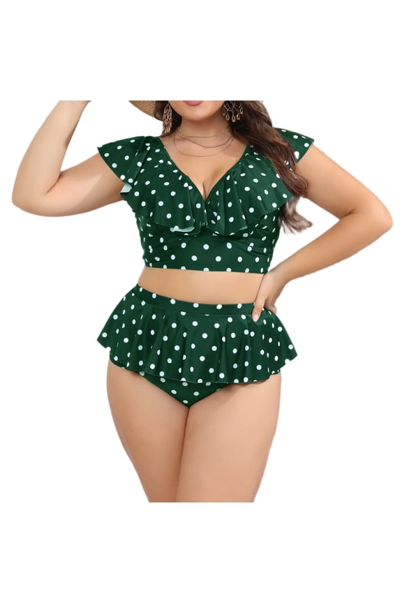 Plus Size for 2024 Oversized V-Neck Sexy Polka Dots Bikini Swimsuit Two Piece Polka Dots Ruffle Split Plus Size Swimsuit Plus Size Bikini Set