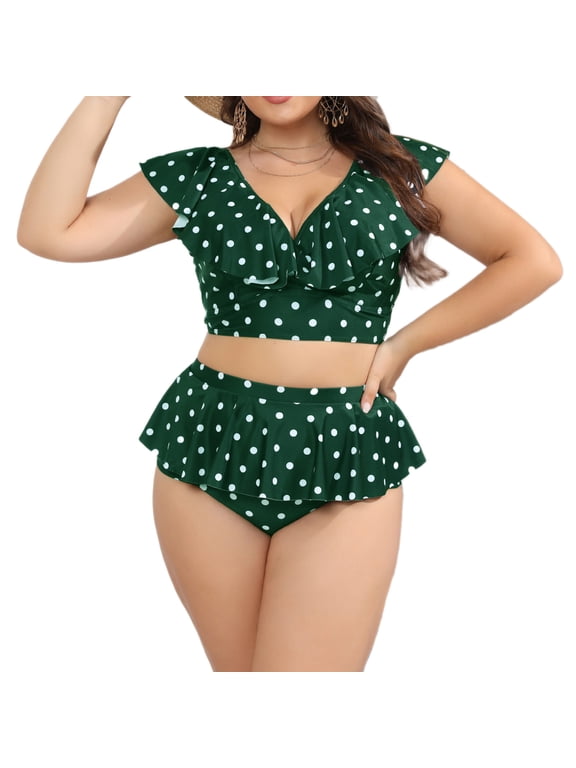 Plus Size for 2024 Oversized V-Neck Sexy Polka Dots Bikini Swimsuit Two Piece Polka Dots Ruffle Split Plus Size Swimsuit Plus Size Bikini Set