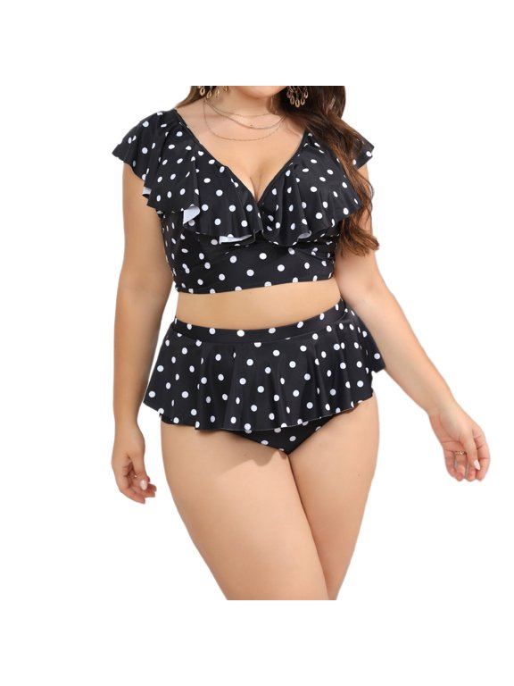 Plus Size for 2024 Oversized V-Neck Sexy Polka Dots Bikini Swimsuit Two Piece Polka Dots Ruffle Split Plus Size Swimsuit Plus Size Bikini Set