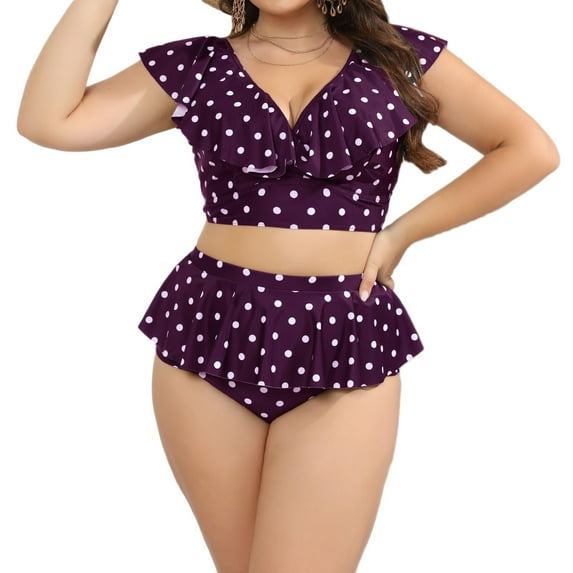 SnZhen Plus Size for 2024 Oversized V-Neck Sexy Polka Dots Bikini Swimsuit Two Piece Polka Dots Ruffle Split Plus Size Swimsuit Plus Size Bikini Set