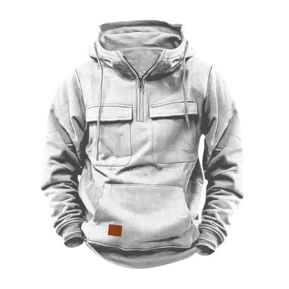 SnZhen Hoodies for Men Fashion Solid Color Zipper Workout Multi-Pocket Outdoor Sports Pullover Sweatshirt Winter Tops