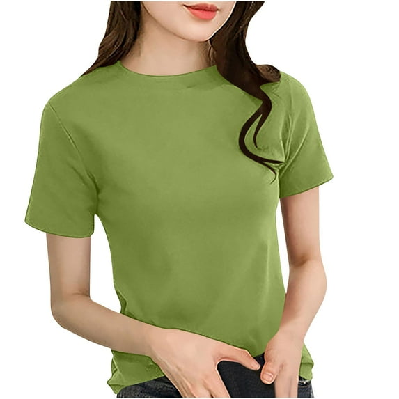 SnZhen Short Sleeve Tops for Women Casual Solid-color Round Neck Slim Pullover Versatile T-shirt for Daily Wear Green M