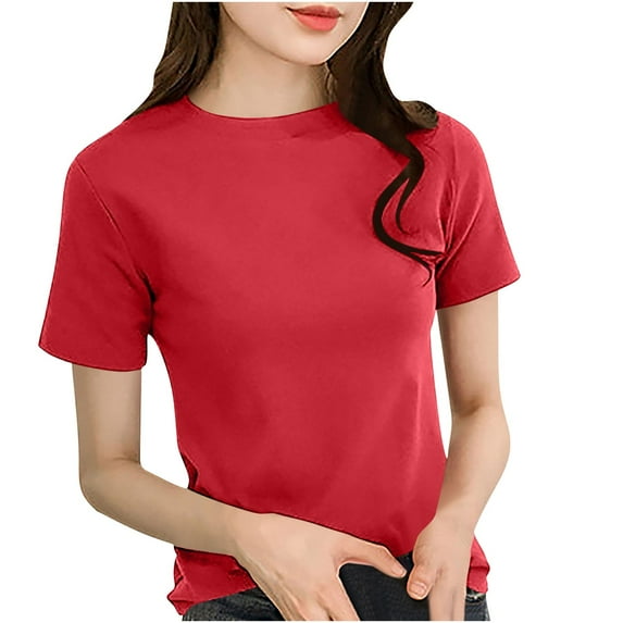 SnZhen Short Sleeve Tops for Women Casual Solid-color Round Neck Slim Pullover Versatile T-shirt for Daily Wear Red XXL