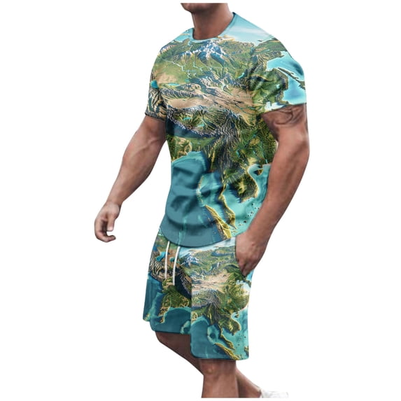 SnZhen Short Suits for Men Men Casual Round Neck Printing Short Sleeve Blouse And Shorts Pants Suit