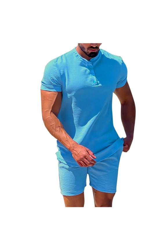 Short Suits for Men Mens Casual Fashion Button Stand Up Collar Pullover Shirts Elastic Waist Shorts