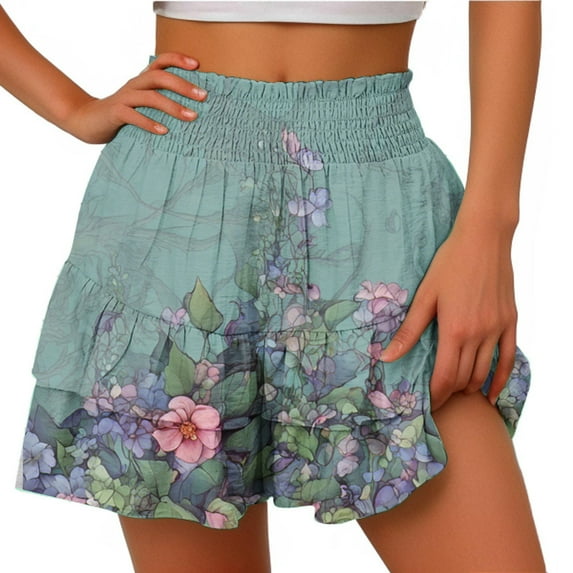 SnZhen Shorts for Women Trendy Women's Summer Solid Color High Waisted Shorts With Floral Pleated Hem Casual Shorts