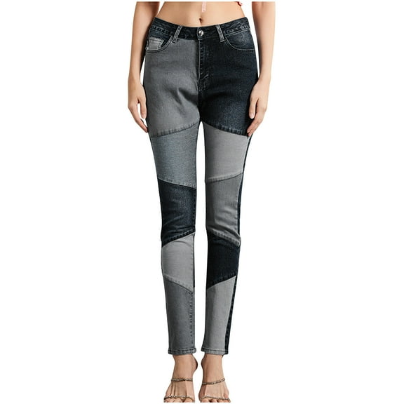 SnZhen Stylish Skinny Jeans for Women High Waisted Stretch Patchwork Contrast Color Casual Denim Long Pants C-Black M