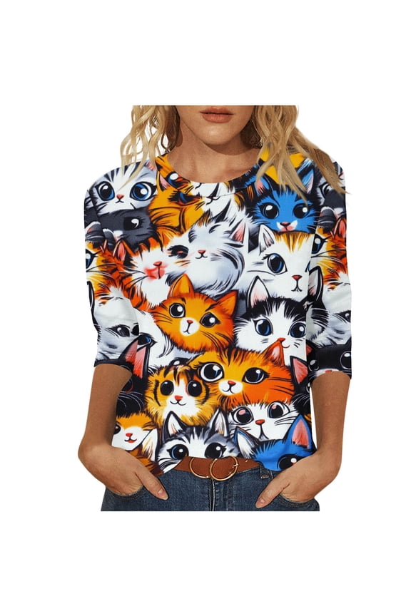 Casual Graphic 3/4 Sleeve Blouse for Women Fashion Cat Print Round Neck 3/4 Sleeve Casual Comfy Tops