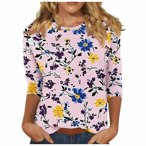 SnZhen Summer Essential Printed Tee for Women 3/4 Sleeve Round Neck Top Loose Fit Graphic T-Shirt Trendy Casual Blouse