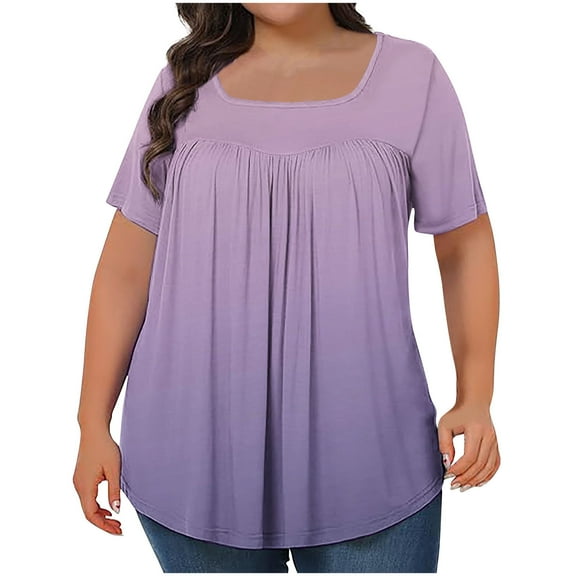SnZhen Summer Plus Size T-Shirts for Women Fashion Gradient Color Printing V-Neck Short Sleeved Base Loose Pullover Tops Purple XXXXXL