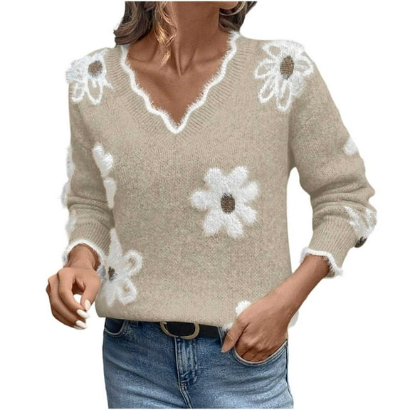 SnZhen Sweater for Women Printing Winter Loose Casual Floral Pattern Button Knit Long Sleeve Knit Sweaters Khaki L