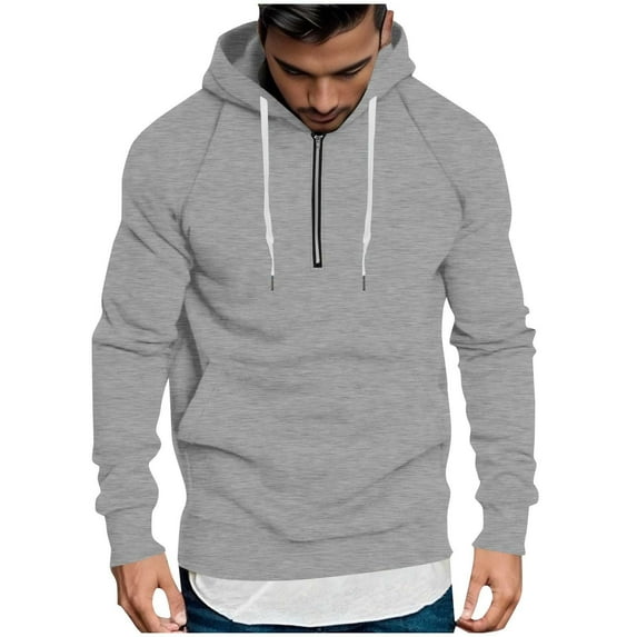 SnZhen Sweatshirts for Men Men's Solid Color Pocket Hooded Drawstring Half-Zipper Top Pullover Sports Hooded Sweatshirt Tops Gray XL