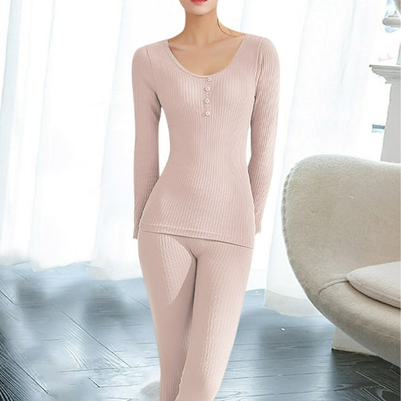 SnZhen Thermal Underwear Set for Women Elastic Comfort V-neck Solid Color Long Sleeves Warm Suits Tight Pajama Set A-Khaki Free Size