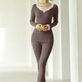 thumbnail image 1 of SnZhen Thermal Underwear Set for Women Elastic Comfort V-neck Solid Color Long Sleeves Warm Suits Tight Pajama Set C-Coffee Free Size, 1 of 5