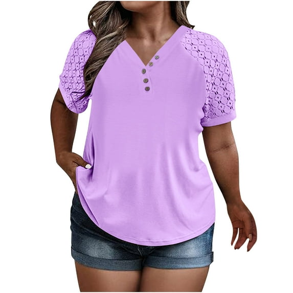 SnZhen Tops for Women Plus Size Women's Summer Solid Color Puff Short Sleeve Loose Fashion Short Sleeve V Neck Top XL-5XL Clothes Under $10.00