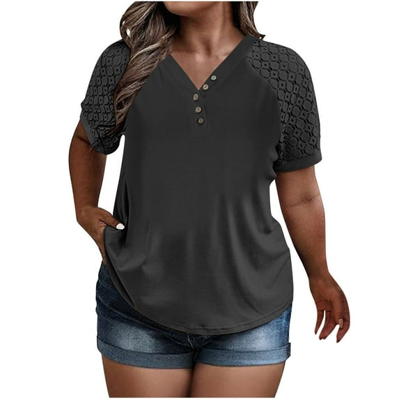 SnZhen Tops for Women Plus Size Women's Summer Solid Color Puff Short Sleeve Loose Fashion Short Sleeve V Neck Top XL-5XL Clothes Under $10.00