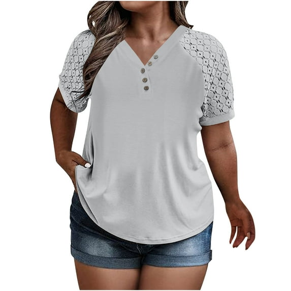 SnZhen Tops for Women Plus Size Women's Summer Solid Color Puff Short Sleeve Loose Fashion Short Sleeve V Neck Top XL-5XL Clothes Under $10.00
