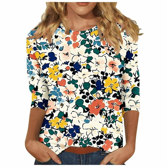 SnZhen Trendy Floral Print T-Shirt Women's 3/4 Sleeve Round Neck Tee Loose Fit Casual Top Stylish Graphic Summer Fashion Blouse