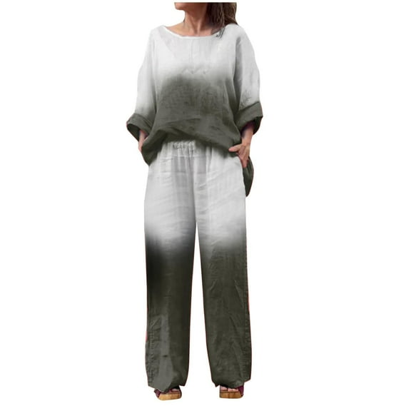 SnZhen Two Piece Sets for Women Fashion Woman Round Neck Long Sleeve Blouse Long Pants Elastic Waist Loungewear Sets