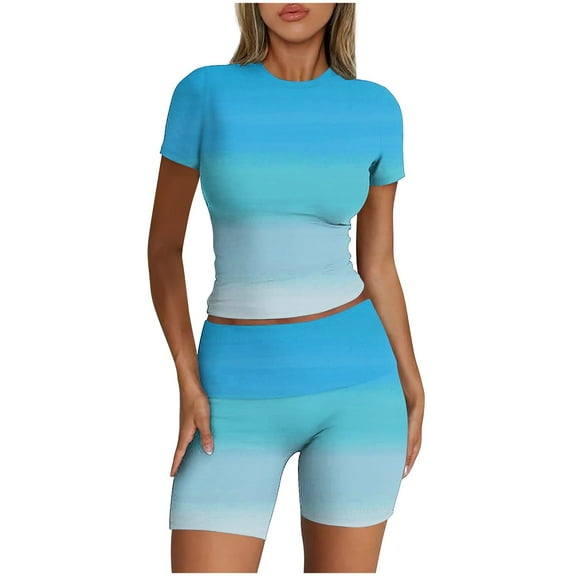 SnZhen Two Piece Sets for Women Summer Casual Spring And Summer Women Solid Short Sleevele Round-Neck Blouses Tops Shorts Elastic Waist Sets