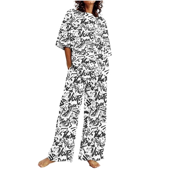 SnZhen Two Piece Sets for Women Summer Women Casual Loose Fitting Home Printed Pants Short Round-Neck Blouses Sets