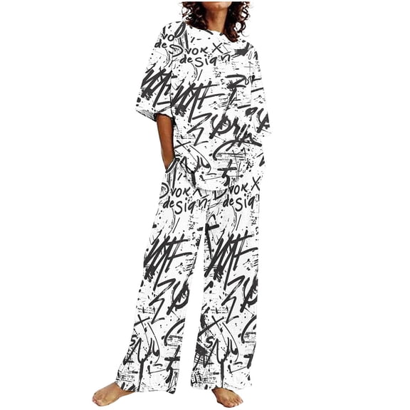 SnZhen Two Piece Sets for Women Summer Women Casual Loose Fitting Home Printed Pants Short Round-Neck Blouses Sets