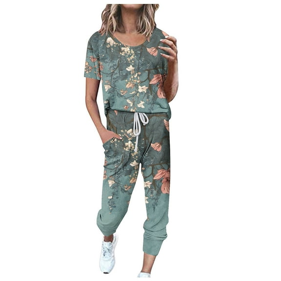 SnZhen Two Piece Sets for Women Summer Women's Fashionable Printed Short Sleeved Round Neck Drawstring Top With Pants Set
