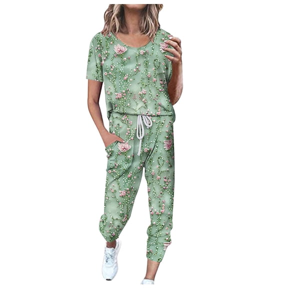 SnZhen Two Piece Sets for Women Summer Women's Fashionable Printed Short Sleeved Round Neck Drawstring Top With Pants Set