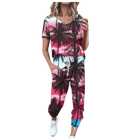 SnZhen Two Piece Sets for Women Summer Women's Fashionable Printed Short Sleeved Round Neck Drawstring Top With Pants Set