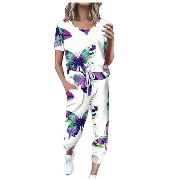 SnZhen Two Piece Sets for Women Summer Women's Fashionable Printed Short Sleeved Round Neck Drawstring Top With Pants Set