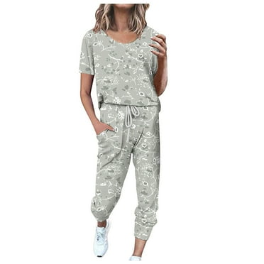 SnZhen Two Piece Sets for Women Summer Women's Fashionable Printed Short Sleeved Round Neck Drawstring Top With Pants Set